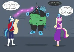 Size: 4961x3508 | Tagged: suggestive, artist:doublef-returns, derpibooru import, princess cadance, queen chrysalis, shining armor, alicorn, anthro, changeling, changeling queen, plantigrade anthro, unicorn, series:complimentary confinement, absurd resolution, belly, big belly, big breasts, bingo wings, breasts, changeling overfeeding, chubby cheeks, clothes, dialogue, double chin, dress, dungeon, fat, female, floating, floating heart, glow, glowing horn, hand on hip, heart, horn, horn ring, huge belly, huge breasts, image, jewelry, magic, magic aura, obese, png, queen chrysalard, ring, ripping clothes, scroll, smiling, speech bubble, telekinesis, uniform, weight gain, weight gain sequence