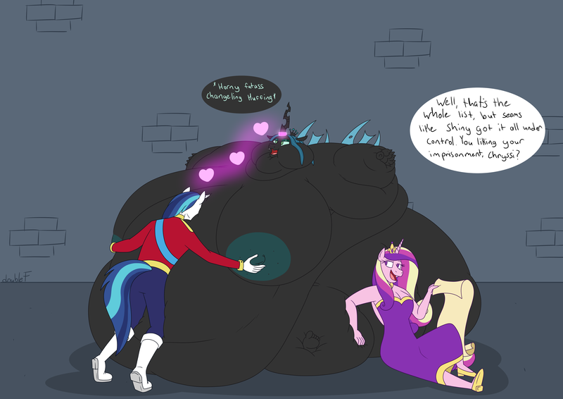 Size: 4961x3508 | Tagged: questionable, artist:doublef-returns, derpibooru import, princess cadance, queen chrysalis, shining armor, alicorn, anthro, changeling, changeling queen, plantigrade anthro, unicorn, series:complimentary confinement, absurd resolution, belly, big belly, big breasts, bingo wings, breasts, changeling overfeeding, chubby cheeks, clothes, dialogue, double chin, dress, dungeon, fat, fat fetish, female, fetish, floating heart, glow, grope, heart, horn, horn ring, huge belly, huge breasts, image, immobile, impossibly large belly, impossibly large breasts, impossibly large everything, jewelry, magic, morbidly obese, multichin, nipples, nudity, obese, onomatopoeia, panting, png, queen chrysalard, ring, rolls of fat, scroll, smiling, sound effects, speech bubble, squishy, telekinesis, uniform, weight gain, weight gain sequence