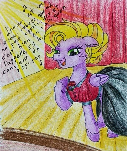 Size: 814x970 | Tagged: safe, artist:mintytreble, derpibooru import, oc, oc:minty treble, unofficial characters only, pegasus, pony, blonde, blonde hair, blonde mane, clothes, female, image, jpeg, opera, singing, solo, theater