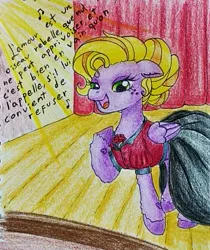 Size: 814x970 | Tagged: safe, artist:mintytreble, derpibooru import, oc, oc:minty treble, unofficial characters only, pegasus, pony, blonde, blonde hair, blonde mane, clothes, female, image, jpeg, opera, singing, solo, theater