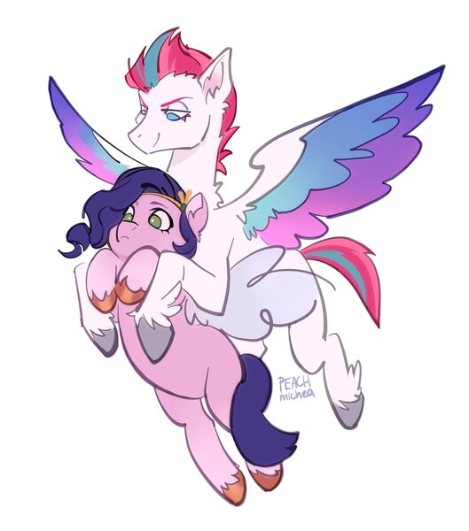 Size: 2508x2846 | Tagged: safe, artist:peachmichea, derpibooru import, pipp petals, zipp storm, pegasus, pony, carrying, colored wings, flying, g5, image, jpeg, lidded eyes, smiling, spread wings, winged hooves, wings