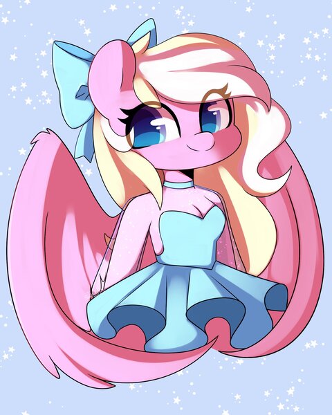 Size: 1638x2048 | Tagged: safe, artist:sakukitty, derpibooru import, oc, oc:bay breeze, unofficial characters only, anthro, pegasus, abstract background, bow, breasts, choker, cleavage, clothes, commission, cute, dress, eye clipping through hair, female, hair bow, image, jpeg, looking at you, simple background, solo, wings, ych result