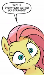 Size: 725x1226 | Tagged: safe, artist:jay fosgitt, derpibooru import, idw, fluttershy, pegasus, pony, friends forever, spoiler:comic, dialogue, female, image, jpeg, mare, simple background, solo, white background