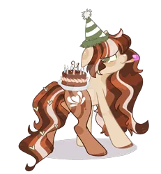 Size: 1920x2082 | Tagged: safe, artist:rose-moonlightowo, derpibooru import, oc, oc:coffee latte, unofficial characters only, earth pony, pony, cake, deviantart watermark, female, food, hat, image, mare, obtrusive watermark, party hat, party horn, png, solo, watermark