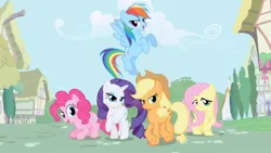 Size: 1280x720 | Tagged: safe, derpibooru import, screencap, applejack, fluttershy, pinkie pie, rainbow dash, rarity, earth pony, pegasus, pony, unicorn, bedroom eyes, female, flying, image, jpeg, looking at you, mare, opening theme, ponyville