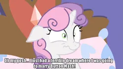 Size: 1279x719 | Tagged: safe, derpibooru import, screencap, sweetie belle, pony, unicorn, for whom the sweetie belle toils, bed, caption, female, filly, floppy ears, foal, image, image macro, impact font, implied button mash, meme, png, scared, solo, text