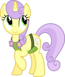 Size: 679x799 | Tagged: safe, artist:starryshineviolet, derpibooru import, sunshine petals, pony, unicorn, rarity takes manehattan, apron, clothes, female, flower, g4, image, looking up, mare, png, simple background, smiling, solo, transparent background, vector