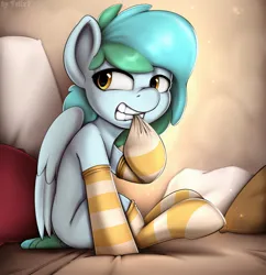 Size: 1983x2048 | Tagged: safe, artist:felixf, derpibooru import, oc, oc:siriusnavigator, unofficial characters only, pegasus, pony, clothes, female, hooves, image, jpeg, mare, pillow, sitting, socks, solo, striped socks, wings