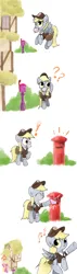 Size: 1000x3500 | Tagged: safe, artist:widelake, derpibooru import, derpy hooves, lily, lily valley, pegasus, comic, cross-popping veins, exclamation point, image, jpeg, mail, mailbox, mailmare, music notes, question mark, solo