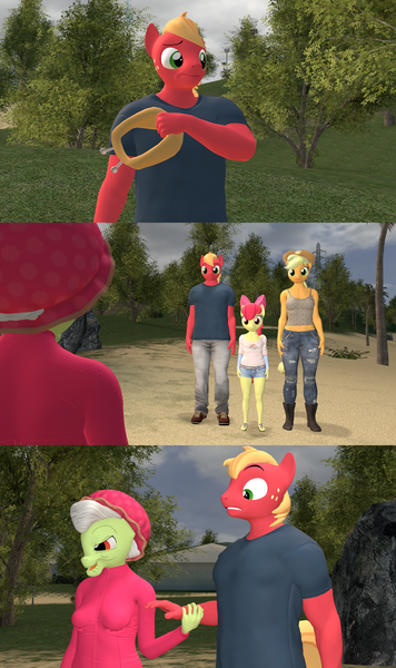 Size: 1920x3240 | Tagged: safe, artist:papadragon69, derpibooru import, apple bloom, applejack, big macintosh, granny smith, anthro, earth pony, pony, leap of faith, 3d, clothes, comic, female, image, male, png, scene interpretation, source filmmaker, undressing, yoke