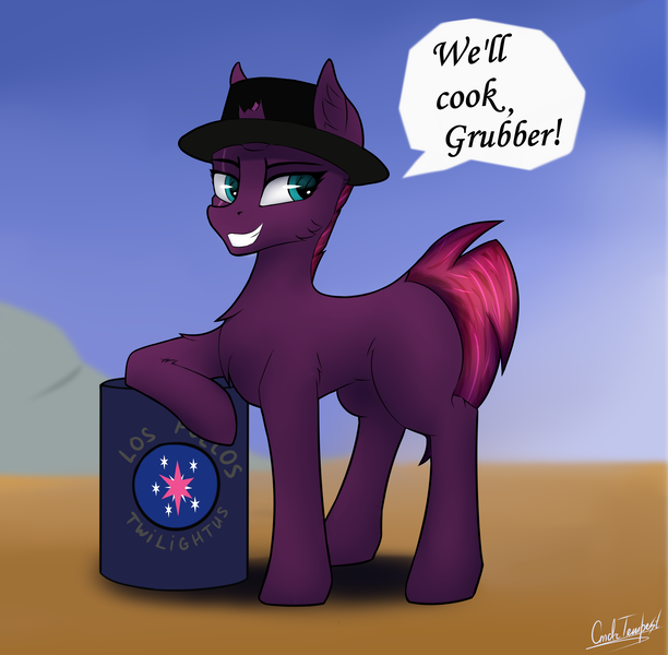 Size: 4404x4320 | Tagged: safe, artist:cmdrtempest, derpibooru import, fizzlepop berrytwist, tempest shadow, pony, unicorn, breaking bad, desert, female, hat, image, looking at each other, looking at someone, mare, meme, mountain, png, scar, shadow, simple background, solo