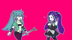 Size: 1920x1080 | Tagged: safe, artist:metaruscarlet, derpibooru import, aria blaze, human, alternate hairstyle, annoyed, belt, blushing, boots, clothes, clothes swap, cosplay, costume, crossed arms, crossover, denim, duo, female, hatsune miku, humanized, image, jeans, jewelry, jpeg, knee-high boots, leek, necklace, necktie, open mouth, pants, pink background, shirt, shoes, simple background, skirt, sleeveless, tanktop, vest, vocaloid, wristband