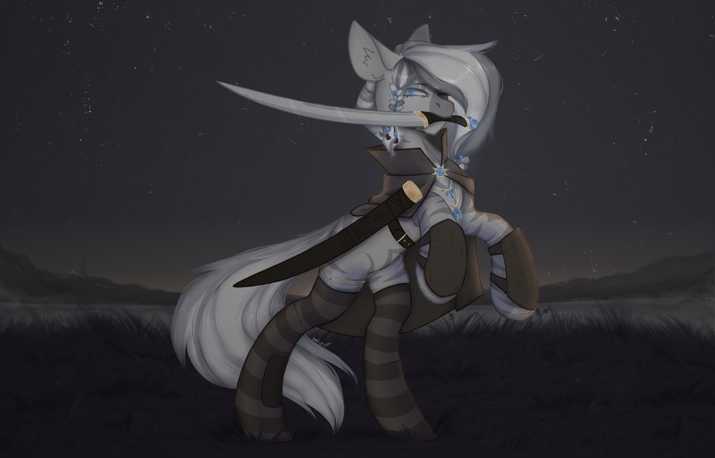 Size: 2560x1641 | Tagged: safe, artist:tttips!, derpibooru import, oc, oc:peach, unofficial characters only, zebra, ashes town, background, cape, clothes, dawn, female, gem, grass, image, jewelry, jpeg, looking at you, mare, mouth hold, necklace, night, night sky, rearing, saber, scabbard, shooting star, sky, smoke, socks, solo, stars, stockings, sword, thigh highs, weapon, zebra oc