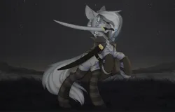 Size: 2560x1641 | Tagged: safe, artist:tttips!, derpibooru import, oc, oc:peach, unofficial characters only, zebra, ashes town, background, cape, clothes, dawn, female, gem, grass, image, jewelry, jpeg, looking at you, mare, mouth hold, necklace, night, night sky, rearing, saber, scabbard, shooting star, sky, smoke, socks, solo, stars, stockings, sword, thigh highs, weapon, zebra oc