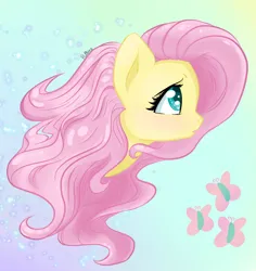 Size: 1280x1355 | Tagged: safe, artist:flutterbug18, derpibooru import, fluttershy, pony, abstract background, bust, cutie mark, female, image, looking away, looking up, mare, open mouth, png, portrait, profile, solo