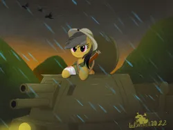 Size: 1033x774 | Tagged: safe, derpibooru import, daring do, fanfic:a king to a god, gun, image, jpeg, rain, rifle, tank (vehicle), weapon