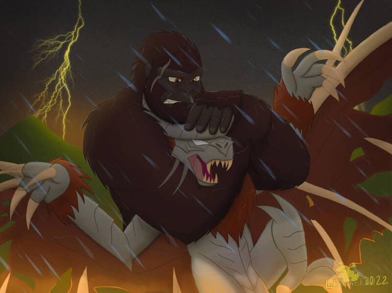 Size: 1033x774 | Tagged: safe, artist:lordshrekzilla20, derpibooru import, ape, bat, kaiju, fanfic:a king to a god, camaztotz, chokehold, fanfic art, image, jpeg, king kong, kong, lightning, rain, titan