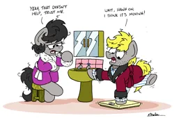 Size: 2532x1722 | Tagged: safe, artist:bobthedalek, derpibooru import, oc, oc:mixed melody, oc:octavia's father, oc:octavia's mother, oc:ostinato melody, unofficial characters only, earth pony, pony, bathrobe, bed mane, clothes, image, messy mane, png, robe, sink, stool, stubble