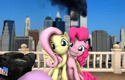 Size: 3400x2160 | Tagged: safe, artist:jarmasxd, derpibooru import, fluttershy, pinkie pie, twilight sparkle, earth pony, pegasus, building, camera, city, hug, image, png, september, smiling, smoke, tower, uwu