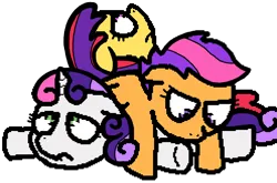 Size: 496x327 | Tagged: safe, artist:pokehidden, derpibooru import, edit, apple bloom, apple spice, scootaloo, scootaloo (g3), sweetie belle, sweetie belle (g3), earth pony, pegasus, pony, unicorn, banned from equestria daily, cutie mark crusaders, female, filly, floppy ears, foal, g3, g3 to g4, g4, generation leap, horn, image, lying down, on back, png, prone, sad, simple background, transparent background, wings