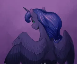 Size: 1200x1000 | Tagged: safe, artist:amarynceus, edit, princess luna, alicorn, pony, blushing, female, image, large wings, looking at you, looking back, looking back at you, looking over shoulder, mare, png, purple background, simple background, skin cancer removal, solo, spread wings, wings