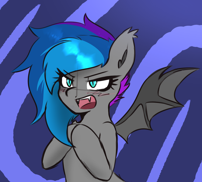 Size: 3317x2997 | Tagged: safe, artist:pure red, derpibooru import, oc, oc:lyssa, unofficial characters only, bat pony, pony, abstract background, blushing, derpibooru exclusive, ear fluff, fangs, female, image, mare, open mouth, png, solo, spread wings, wings