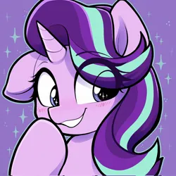 Size: 2048x2048 | Tagged: safe, artist:moozua, derpibooru import, starlight glimmer, pony, unicorn, blushing, bust, commission, eye clipping through hair, hoof over mouth, image, jpeg, purple background, simple background, smiling, solo