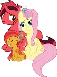 Size: 3289x4385 | Tagged: safe, artist:bnau, derpibooru import, fluttershy, oc, oc:fluttered wing, oc:pure red, pegasus, pony, canon x oc, chest fluff, derpibooru exclusive, facial markings, family photo, female, filly, foal, high res, image, looking at each other, looking at someone, male, mare, offspring, open mouth, parent:fluttershy, parent:oc:pure red, parents:canon x oc, png, shipping, simple background, sitting, smiling, stallion, transparent background, vector