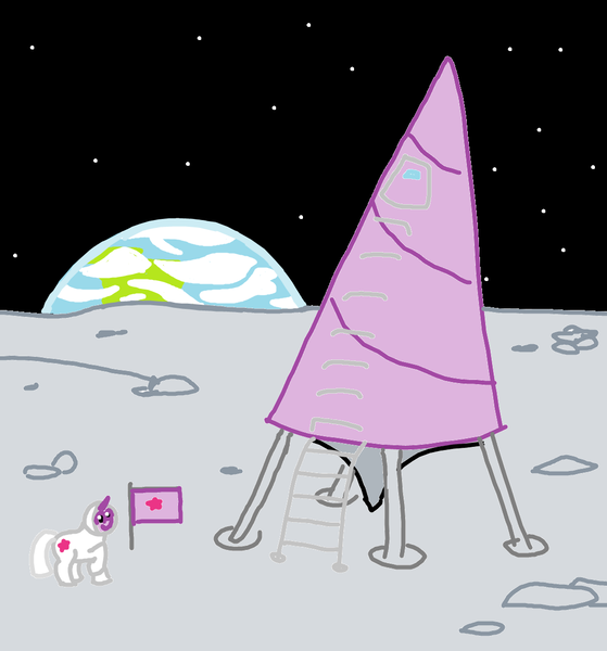Size: 1104x1186 | Tagged: safe, artist:purblehoers, derpibooru import, twilight sparkle, pony, unicorn, big horn, earth, female, flag, horn, image, ladder, mare, moon, moon landing, ms paint, png, raised hoof, rocket, smiling, solo, space, spacesuit, unicorn twilight