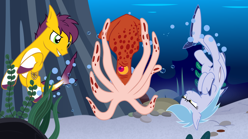 Size: 3840x2160 | Tagged: safe, artist:bnau, derpibooru import, oc, oc:yellow jack, unofficial characters only, kraken, original species, pony, shark, shark pony, squid, action pose, duo, female, fins, fish tail, grin, hunting, i've seen enough hentai to know where this is going, image, male, mare, ocean, png, sharp teeth, show accurate, smiling, stallion, swimming, tail, teeth, this will end in death, underwater, upside down, water