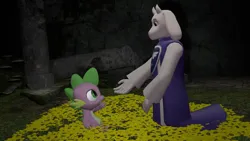 Size: 1920x1080 | Tagged: safe, artist:ponygamer2020, artist:ponygamersfm, derpibooru import, spike, anthro, dragon, goat, 3d, clothes, crossover, dark, female, flower, golden flowers, image, looking at each other, looking at someone, male, png, smiling, source filmmaker, toriel, undertale