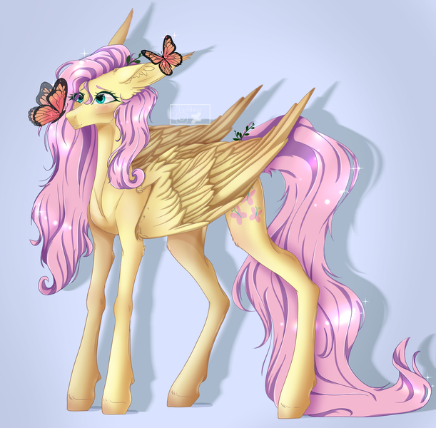 Size: 2784x2732 | Tagged: safe, artist:taebbear, derpibooru import, fluttershy, butterfly, insect, pegasus, pony, butterfly on nose, cute, female, image, insect on nose, long legs, mare, png, shyabetes, solo