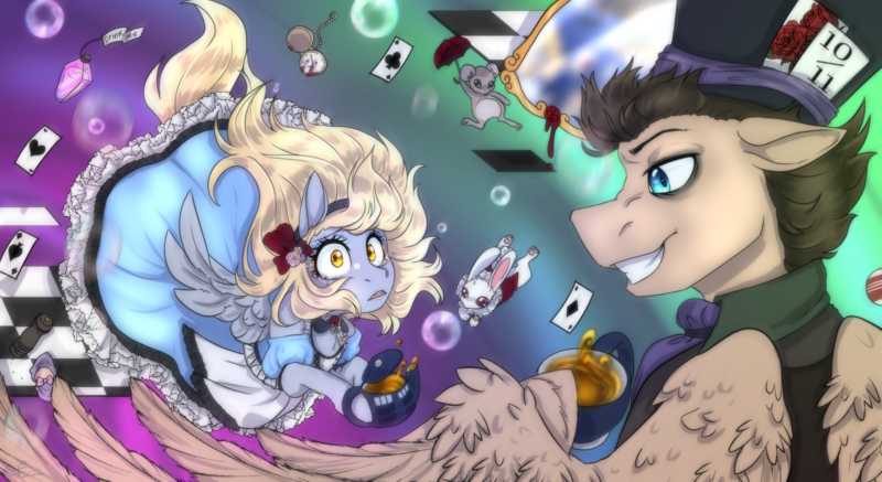 Size: 3254x1776 | Tagged: safe, artist:sierra flyer, derpibooru import, derpy hooves, doctor whooves, time turner, pegasus, pony, alice, alice in wonderland, chessboard, clothes, door mouse, dress, drink me, image, looking glass, mad hatter, playing card, png, pocket watch