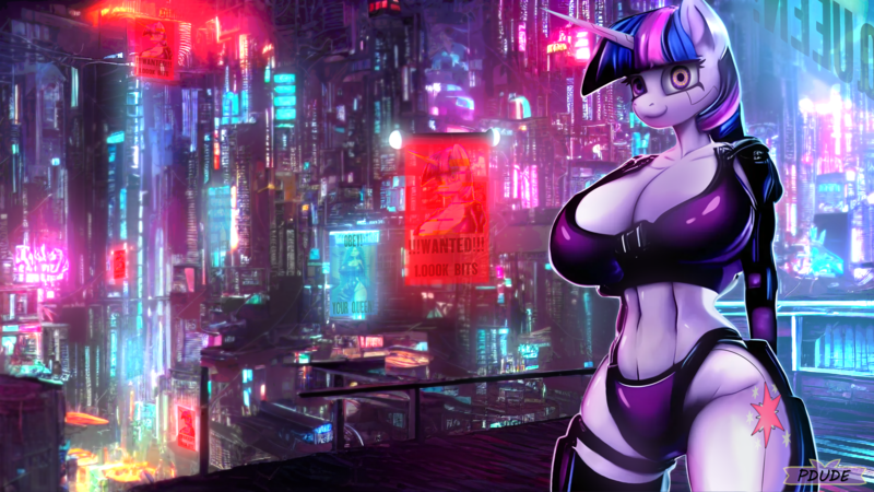 Size: 3840x2160 | Tagged: suggestive, artist:mostlymlpanthroporn, derpibooru import, machine learning assisted, queen chrysalis, twilight sparkle, anthro, cyborg, unicorn, big breasts, breasts, busty twilight sparkle, cleavage, cutie mark, cybernetic eyes, cybernetic implants, cyberpunk, female, gritty, horn, huge breasts, image, neon, png, textless version