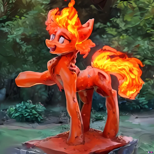 Size: 1024x1024 | Tagged: safe, derpibooru import, machine learning generated, stable diffusion, earth pony, pony, fire, image, png, solo, statue