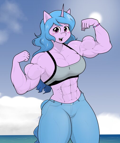 Size: 1892x2243 | Tagged: safe, artist:matchstickman, derpibooru import, izzy moonbow, anthro, unicorn, abs, armpits, biceps, breasts, busty izzy moonbow, clothes, deltoids, denim, female, flexing muscles, g5, image, izzy moonbuff, jeans, jpeg, looking at you, muscles, muscular female, pants, pecs, solo, thighs, thunder thighs