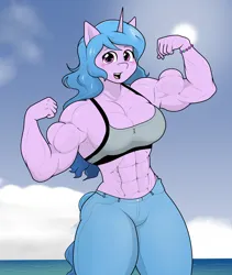 Size: 1892x2243 | Tagged: safe, artist:matchstickman, derpibooru import, izzy moonbow, anthro, unicorn, abs, armpits, biceps, breasts, busty izzy moonbow, clothes, deltoids, denim, female, flexing muscles, g5, image, izzy moonbuff, jeans, jpeg, looking at you, muscles, muscular female, pants, pecs, solo, thighs, thunder thighs
