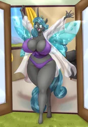 Size: 890x1280 | Tagged: suggestive, artist:blues64, artist:marauder6272, derpibooru import, queen chrysalis, anthro, changeling, changeling queen, unguligrade anthro, big breasts, breasts, cleavage, clothes, fangs, female, glasses, horn, image, jpeg, mirror universe, open arms, reversalis, smiling, swimsuit, vacation, wide hips, wings