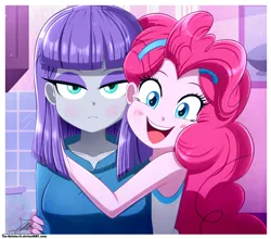 Size: 1754x1546 | Tagged: safe, artist:the-butch-x, derpibooru import, maud pie, pinkie pie, equestria girls, border, breasts, busty maud pie, duo, female, image, indoors, kitchen, looking at you, open mouth, png, siblings, signature, sisters, tongue out, topwear, watermark