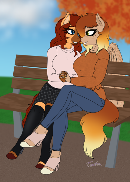 Size: 3000x4200 | Tagged: safe, artist:tertonda, derpibooru import, oc, oc:firelight, oc:honeypot meadow, unofficial characters only, anthro, earth pony, pegasus, pony, unguligrade anthro, anthro oc, autumn, bench, blaze (coat marking), clothes, coat markings, commission, couple, digital art, earth pony oc, eyes closed, facial markings, female, freckles, gradient mane, happy, holding hands, hoof shoes, image, jewelry, lesbian, lesbian couple, looking at each other, looking at someone, mare, married, married couple, oc x oc, pants, pegasus oc, png, ring, shipping, smiling, sweater, tree, wedding ring, wings