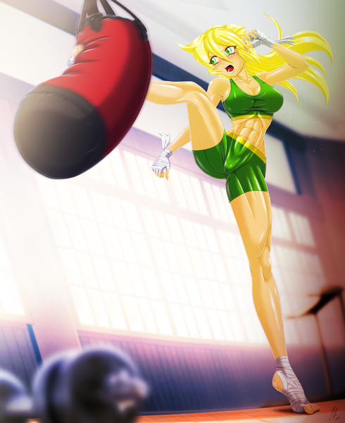 Size: 3000x3673 | Tagged: suggestive, alternate version, artist:mauroz, derpibooru import, applejack, human, equestria girls, abs, anime, bandage, breasts, busty applejack, cleavage, clothes, commission, dojo, dumbbell (object), high kick, humanized, image, karate, kicking, motion blur, nudity, open mouth, png, punching bag, solo, sports bra, sweat, training, treadmill, weights