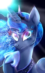 Size: 958x1528 | Tagged: safe, artist:losdibujosdere, derpibooru import, princess luna, alicorn, pony, black background, blue eyes, blue mane, crepuscular rays, crown, digital art, ethereal mane, eyelashes, female, flowing mane, glow, hoof shoes, horn, image, jewelry, looking at you, mare, moon, moonlight, night, peytral, png, raised hoof, regalia, simple background, solo, starry mane, wings