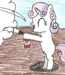 Size: 264x304 | Tagged: safe, artist:vadkram20xd6, derpibooru import, edit, sweetie belle, pony, unicorn, bipedal, cropped, eyes closed, female, filly, fire extinguisher, firefighter, firefighting, foal, horn, image, pencil drawing, png, smiling, traditional art