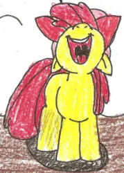 Size: 196x273 | Tagged: safe, artist:vadkram20xd6, derpibooru import, edit, apple bloom, earth pony, pony, apple bloom's bow, bow, cropped, female, filly, firefighter, firefighter helmet, foal, hair bow, helmet, image, open mouth, pencil drawing, png, smiling, traditional art, uvula, volumetric mouth