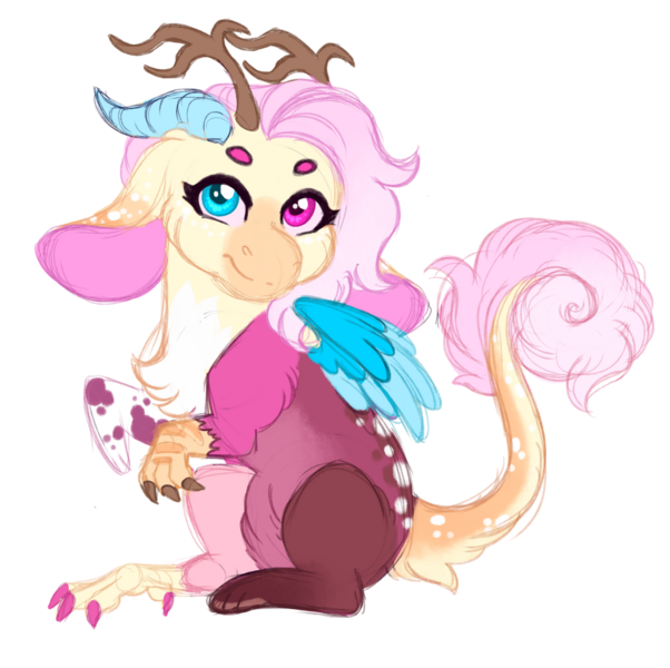 Size: 1024x1020 | Tagged: safe, artist:azure-art-wave, derpibooru import, oc, oc:persephone, draconequus, chibi, female, heterochromia, image, png, simple background, solo, transparent background