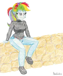 Size: 1600x1920 | Tagged: safe, artist:roseluck, derpibooru import, rainbow dash, human, equestria girls, alternate hairstyle, belt, breasts, busty rainbow dash, clothes, colored pencil drawing, cutie mark accessory, cutie mark earrings, denim, ear piercing, earring, female, full body, image, implied dashtavia, jeans, jewelry, lidded eyes, long sleeves, pants, piercing, png, ponytail, shading, shirt, shoes, simple background, sitting, smiling, solo, stone wall, sweater, traditional art, turtleneck, wall, white background
