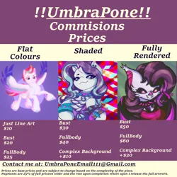Size: 3000x3000 | Tagged: safe, artist:umbrapone, derpibooru import, rarity, zipp storm, oc, oc:night shine, bat pony, pegasus, pony, unicorn, abstract background, advertisement, bat ears, bat wings, bust, commission info, g5, glow, glowing eyes, horn, image, piercing, png, text, wings