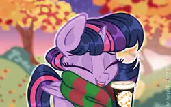 Size: 1899x1192 | Tagged: safe, artist:twilightbaby2020, derpibooru import, twilight sparkle, twilight sparkle (alicorn), alicorn, pony, autumn, clothes, coffee cup, cup, cute, eyes closed, female, image, jpeg, mare, open mouth, open smile, scarf, smiling, solo, twiabetes