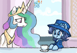 Size: 367x254 | Tagged: safe, artist:plunger, derpibooru import, princess celestia, rainbow dash, alicorn, earth pony, pegasus, a horse of a different color, animated, changing colors, cloud, concerned, cup, death of queen elizabeth ii, food, gif, hat, image, jewelry, queen elizabeth ii, regalia, sky, tea, teacup, window