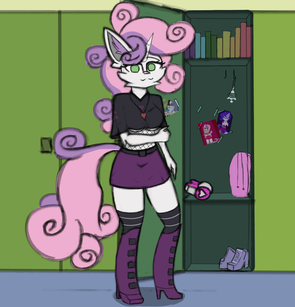 Size: 4084x4265 | Tagged: safe, artist:toxinagraphica, derpibooru import, opalescence, rarity, sweetie belle, anthro, cat, pony, unguligrade anthro, unicorn, :3, backpack, bell, book, boots, breasts, canterlot high, cheek fluff, clothes, colored sketch, dishevelled, ear fluff, female, fluffy, grid, headphones, heart, high res, image, jewelry, lockers, looking at you, mare, necklace, png, poncho, pullover, school, shoes, sketch, skirt, smiling, socks, solo, stockings, thigh highs, underboob
